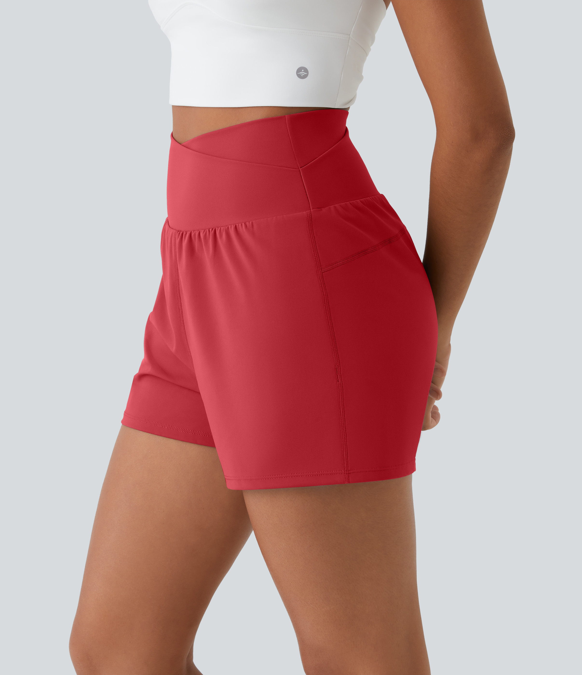 Halara High Waisted Crossover Side Pocket 2-in-1 Casual Shorts Gym Short - Salsa - XL booty shorts compression shorts yoga shorts | HALARA