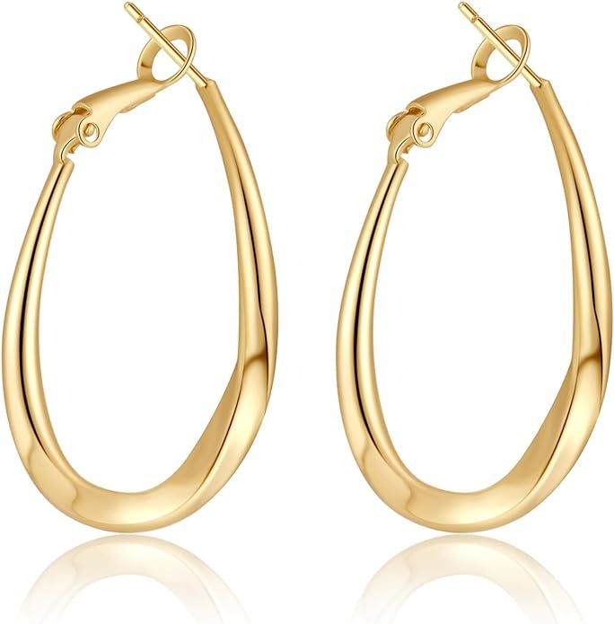 14k Plated Oval Hoop Earrings for Womens | Lightweight Hypoallergenic Gold Twisted Hoop Earrings | Amazon (US)
