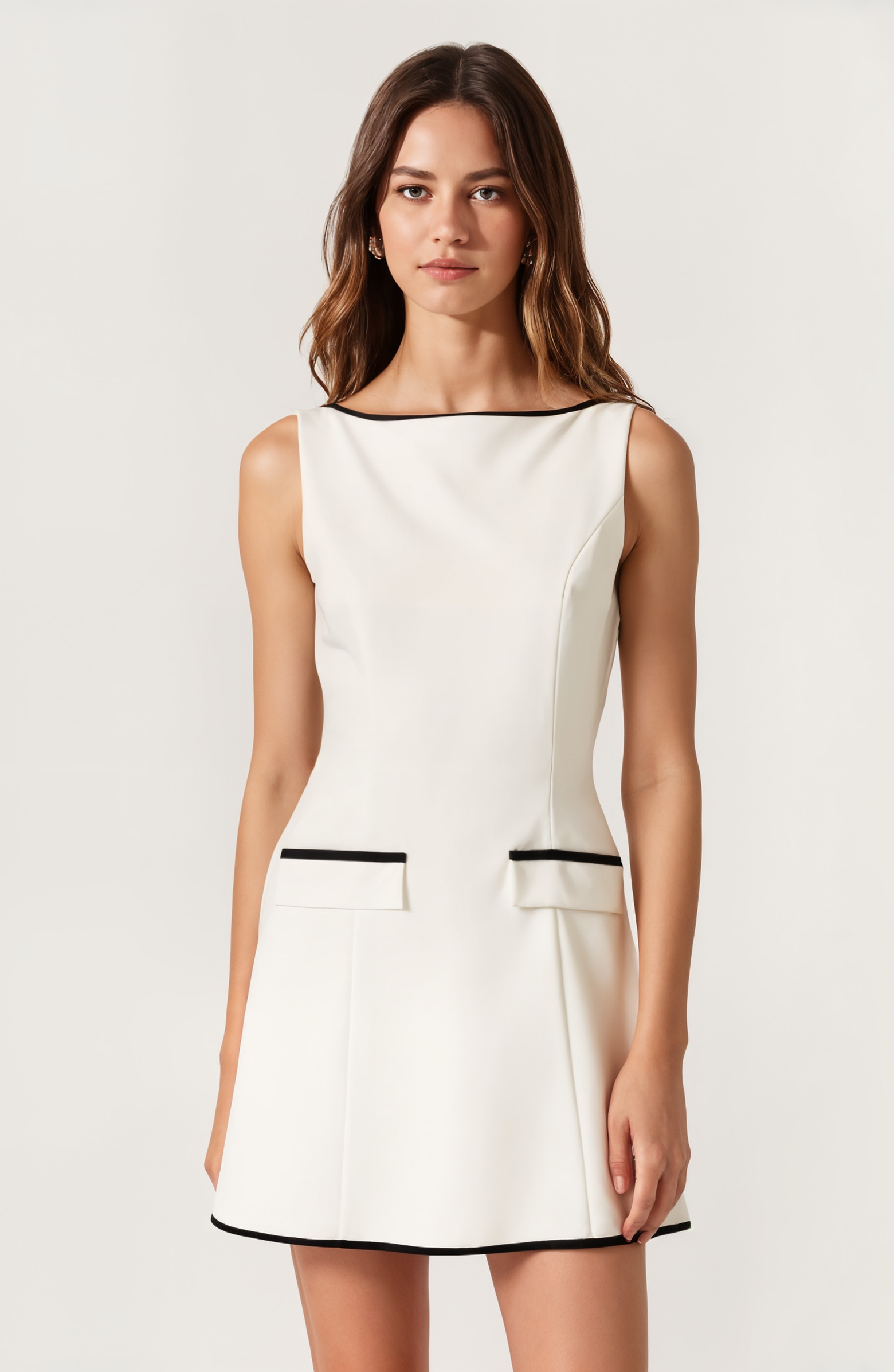Sleeveless A-Line Mini Tunic Dress with Contrast Trim and Front Welt Pockets | Nordstrom