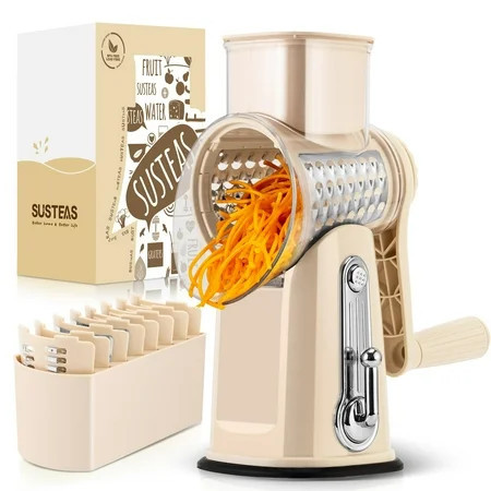 SUSTEAS Rotary Cheese Grater with Handle - 5 Blades, Strong Suction Base - Kitchen Vegetable Grater with Bonus Blade Storage Box (Beige) | Walmart (US)