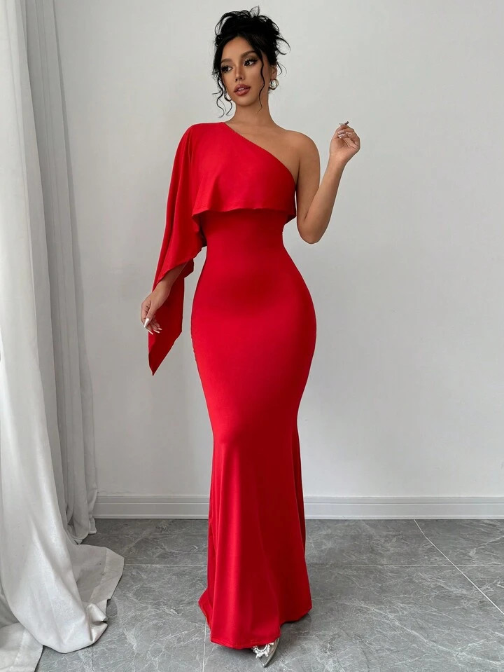 SHEIN Elenzya Christmas & New Year Red Asymmetrical Neck Ruched Waist Elegant Romantic Women Dres... | SHEIN