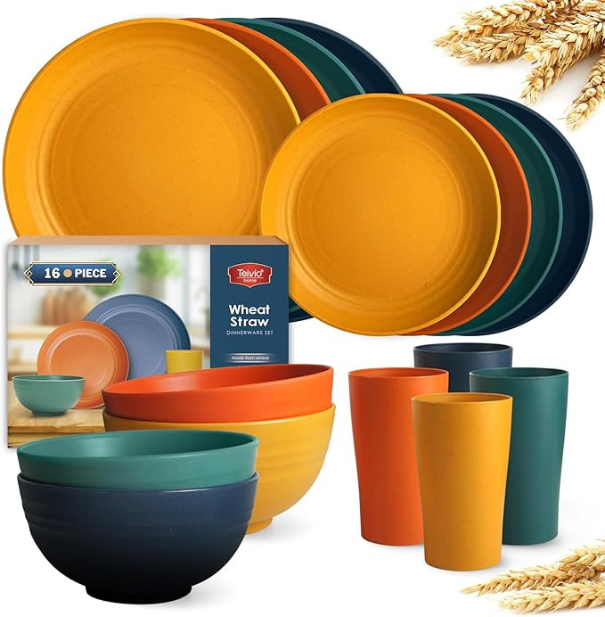 Teivio 16-Piece Kitchen Plastic Wheat Straw Dinnerware Set, Service for 4, Dinner Plates, Dessert... | Amazon (US)