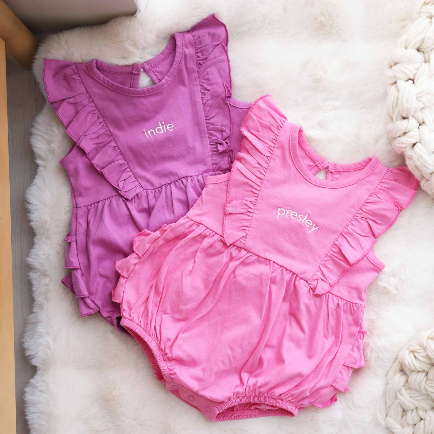 Embroidered Sleeveless Ruffle Bubble Romper | Caden Lane