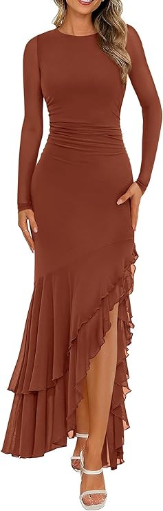 BTFBM Women's Maxi Dresses Fall 2025 Long Sleeve Ruched Bodycon Solid Ruffle Mermaid Cocktail Wed... | Amazon (US)