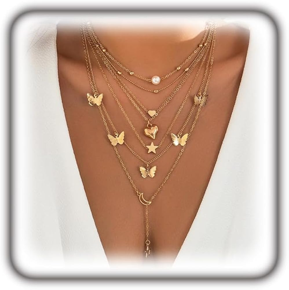 GIGB PBDK Layered Butterfly Necklace Set for Women Trendy Stars Moon Cross Pearl Heart Gold Chain... | Amazon (US)