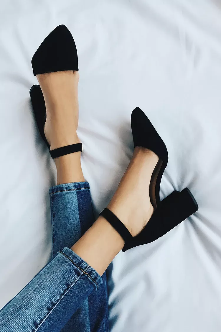 Black velvet almond toe ankle hot sale strap heels