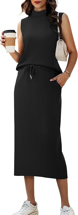 Casly Lamiit Women's 2 Piece Set Summer Casual Sleeveless Mock Neck Top Drawstring Midi Skirts Lo... | Amazon (US)