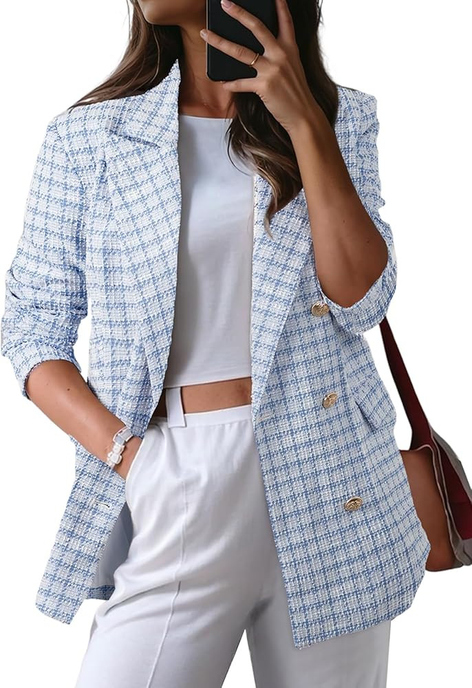 Happy Sailed Womens Plaid Tweed Blazers Dressy Casual Long Sleeve Double Breasted Open Front Blaz... | Amazon (US)