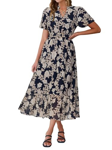 Simplee Womens Summer Boho Floral Midi Dress Casual Beach Wedding Guest Chiffon A Line Belted Lon... | Amazon (US)