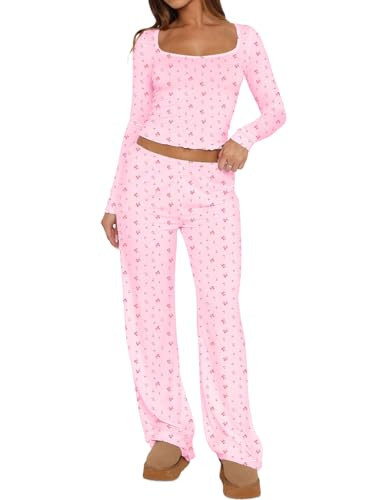 Lacozy Cute Pjs Set for Woman 2 Piece Long Sleeve Floral Pajamas Set Fall Casual Y2K Sleepwear Lounge Set Pink XL | Amazon (US)