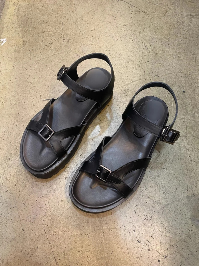 Handmade Women Cow Leather Mimalist Row Sandals Strap Shoes - Etsy | Etsy (US)