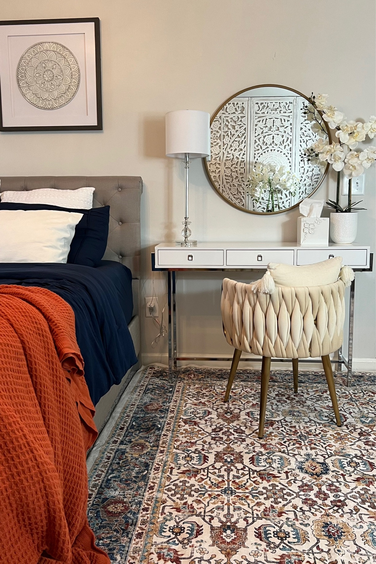 Navy and orange bedroom decor #bedroom #bedding #navy #orange 

#LTKSeasonal #LTKHome #LTKSummerSales