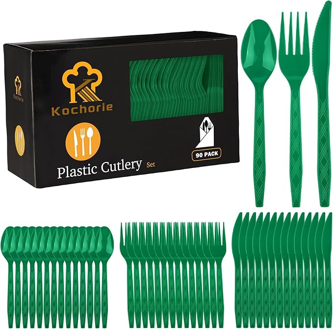 Kochorie 90 Pieces Dark Green Plastic Cutlery Set Disposable Plastic Utensils Heavy Duty Flatware... | Amazon (US)