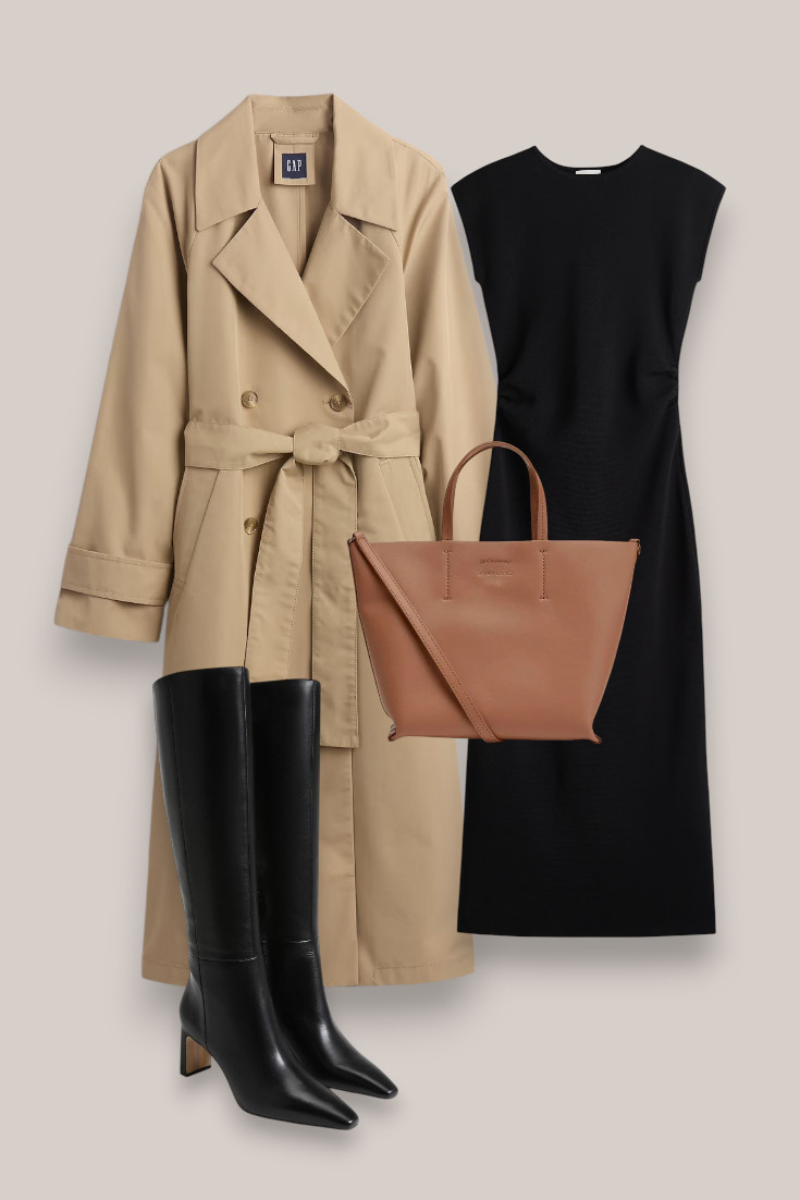 Probably one of the easiest ways to dress up a classic trench: layer it over a simple black dress and add knee-high boots. Timeless and so easy to recreate. #trenchcoat #blackdress #kneehighboots #falloutfit 

 #LTKautumn #LTKdatenight #LTKdresses