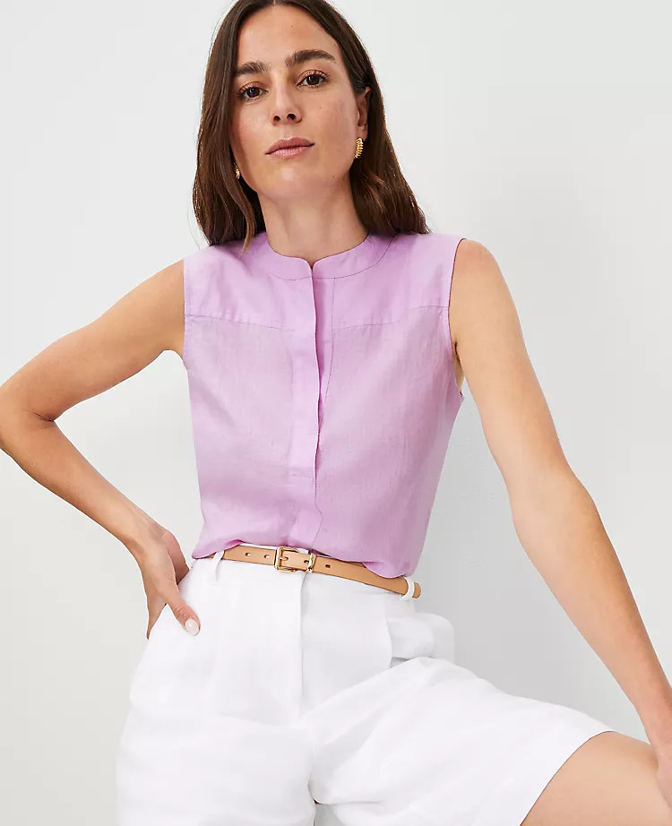 Linen Split Neck Sleeveless Popover | Ann Taylor (US)