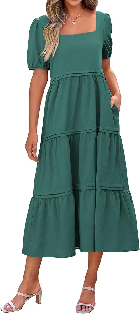 KIRUNDO Women Summer Dresses 2024 Spring Fashion Boho Puff Sleeve Square Neck Pocketed Loose Fit ... | Amazon (US)