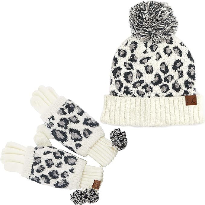 Funky Junque Womens Knit Leopard Print Faux Fur Pom and Cuff Beanies and Scarves | Amazon (US)