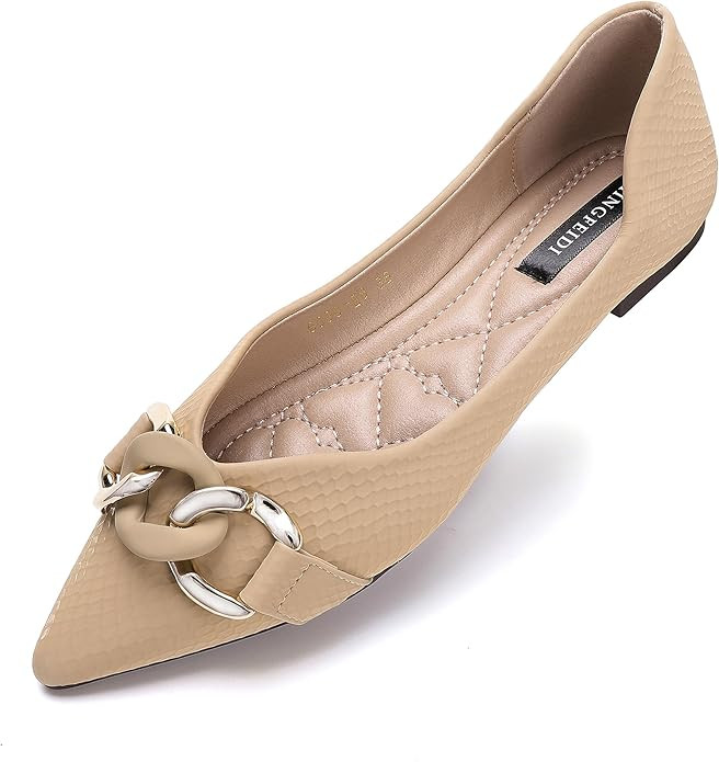 Cute Chain Women's Pointed Flat Shoes Comfortable Leather Flat Shoes Ballet | Amazon (US)