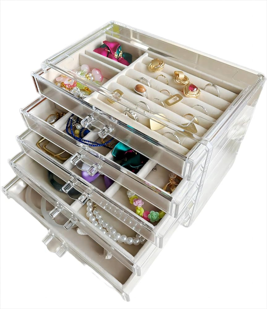 Clear Jewelry Organizer with 5 Drawers, Earring Organizer Jewelry Boxes for Women, Acrylic Earrin... | Amazon (US)