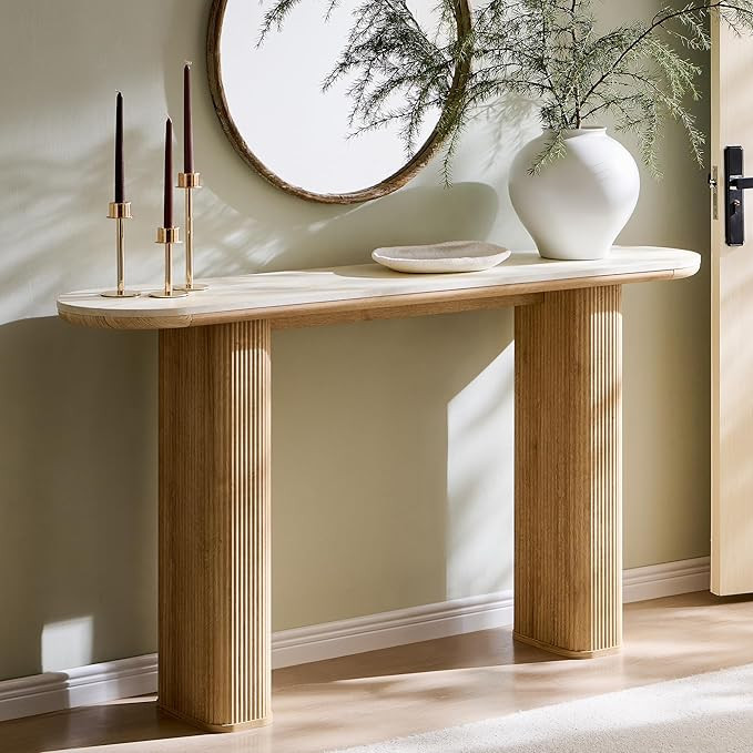 OKD 63 Inch Modern Console Table with Arc Faux Marble Texture Top, Fluted Wood Base, Contemporary... | Amazon (US)