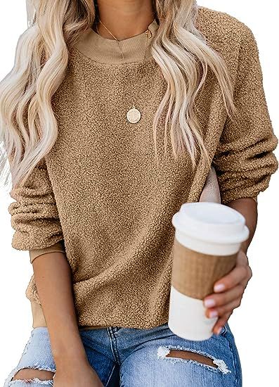 PRETTYGARDEN Women's Casual Long Sleeve Round Neck Solid Color Sherpa Pullover Sweatshirt Fuzzy F... | Amazon (US)