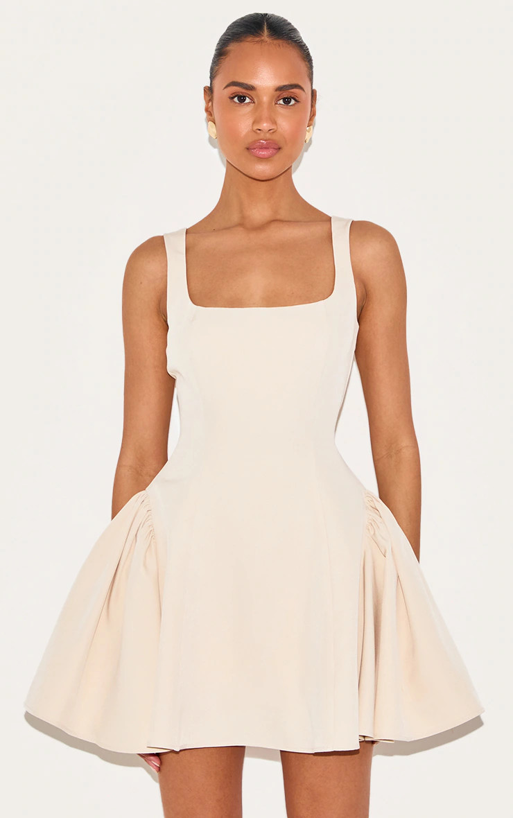 Almond Woven Square Neck Shift Dress | PrettyLittleThing US