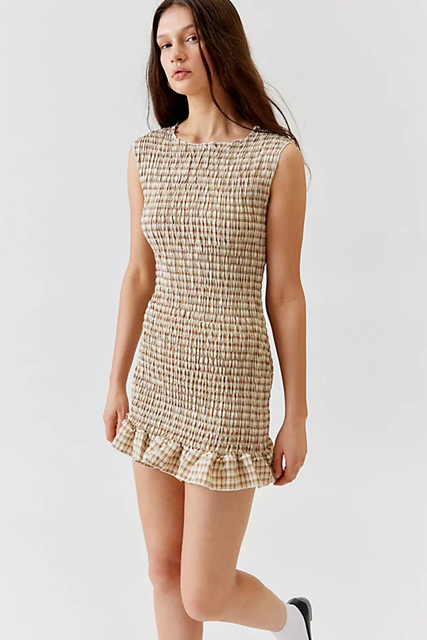 Daisy Street Crinkle Gingham Shirred Mini Dress in Tan, Women's at Urban Outfitters | Urban Outfitters (US and RoW)