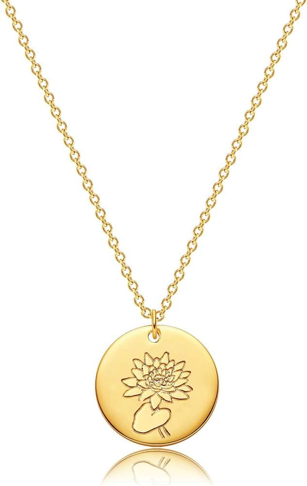 DREMMY STUDIOS Birth Month Flower Pendant Necklace 18K Gold Plated Dainty Simple Month Birth Floral  | Amazon (US)