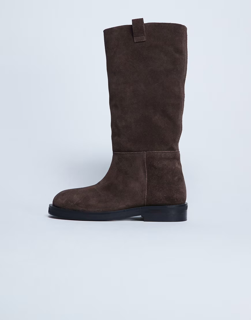 Topshop Rory real suede leather riding boots in chocolate-Brown | ASOS (Global)