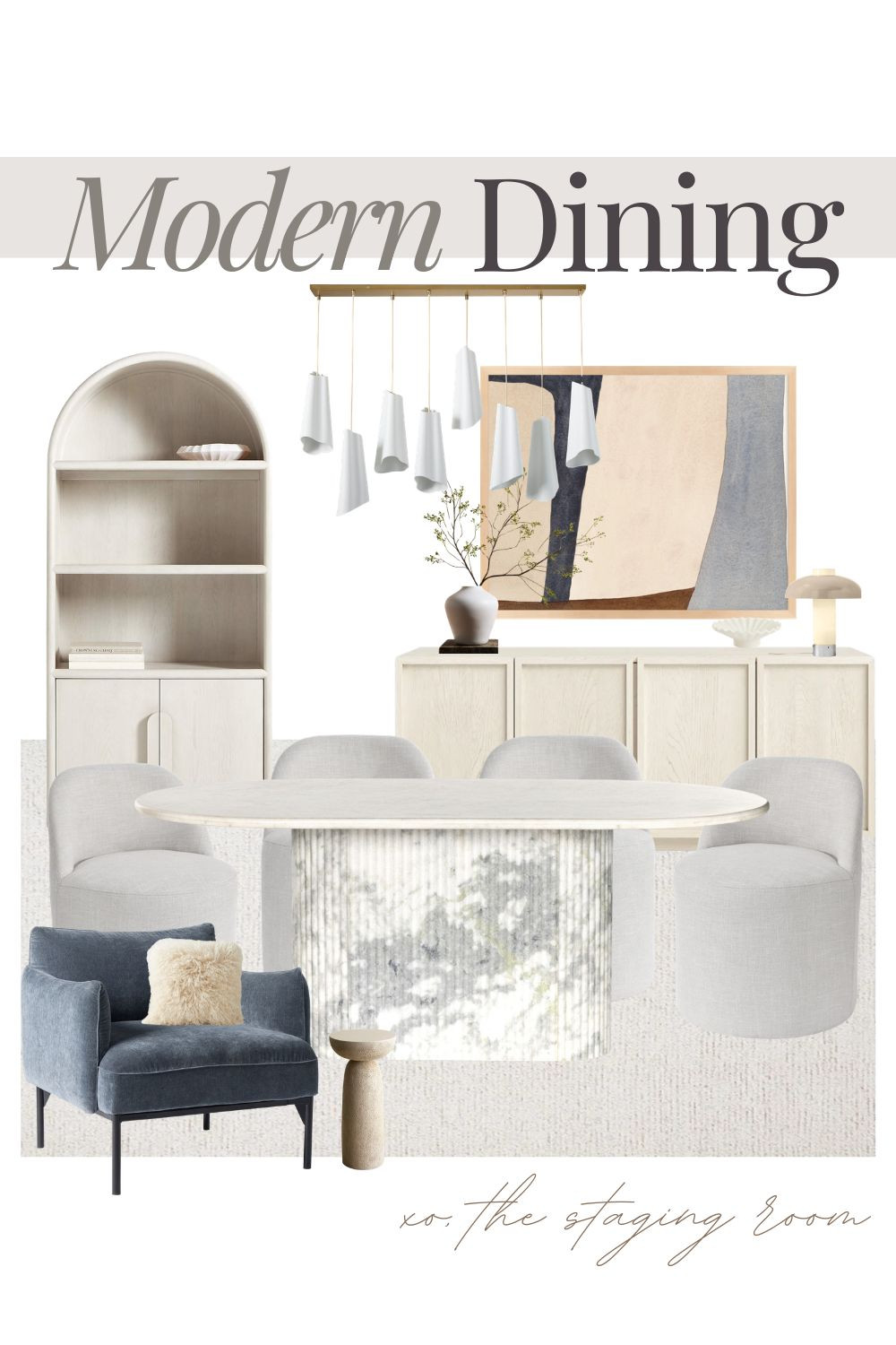 Elevate your home with a modern dining room design that perfectly balances a quiet luxury aesthetic with functional elegance. 

This curated space features a stunning fluted marble dining table paired with minimalist upholstered dining chairs for a sophisticated, high-end look.

To achieve an organic modern vibe, this mood board incorporates evergreen pieces like a bleached wood arched cabinet and a matching four-door sideboard. The addition of a sculptural white pendant light and a plush blue velvet accent chair creates a layered, editorial feel that is both warm and refined. These timeless furniture finds are ideal for anyone looking to create a serene and polished hosting environment.

#diningroomdecor #organicmodern 

 

#LTKhome #LTKsale #LTKhome