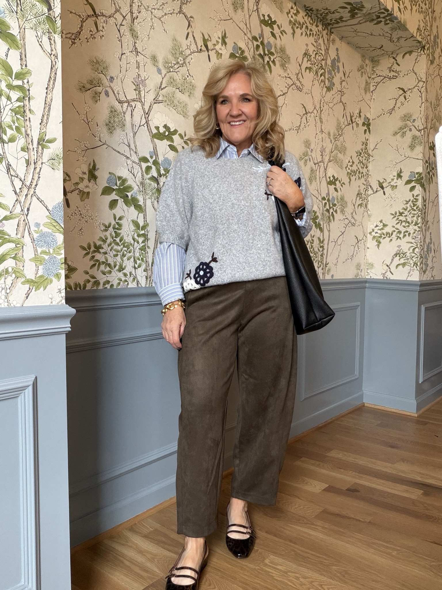 This appliqué sweater is so pretty. Wearing a medium. 
Sweatpant jeans size 28 I did size down from 29 
Blue striped relaxed button down size medium 
The other blue stripe is a peplum. Super cute. 

Winter outfit 

#LTKOver40 #LTKootd #LTKSeasonal