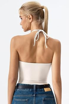 QINSEN Womens Self Tie Halter Neck Double Lined Cropped Basic Tops | Amazon (US)