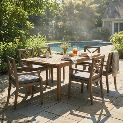 7 Pieces Acacia Wood Outdoor Dining Set with Cushions, Modern 6 Chairs and 1 Large Table for Lawn, Backyard, Garden Deck, Poolside | Wayfair North America