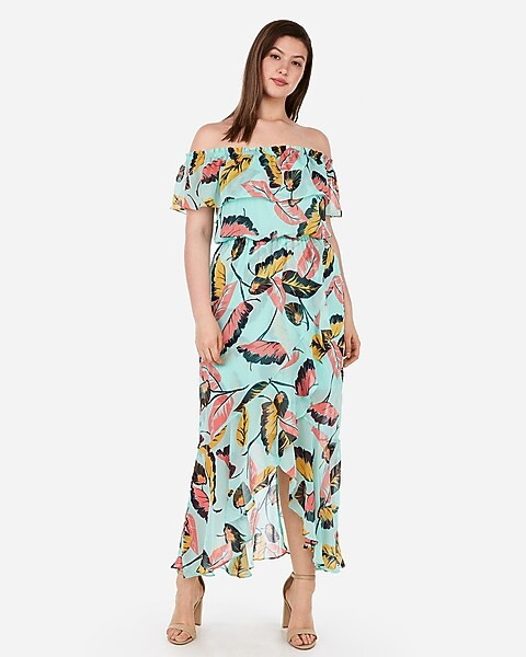 tropical ruffle off the shoulder maxi dress | Express