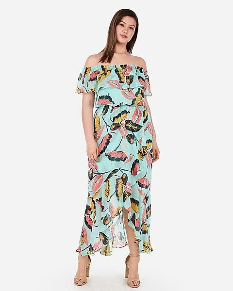 tropical ruffle off the shoulder maxi dress | Express