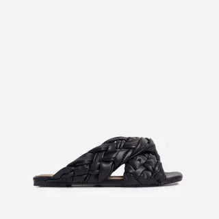 Vista Woven Cross Strap Square Toe Flat Slider Sandal In Black Faux Leather | EGO Shoes (US & Canada)