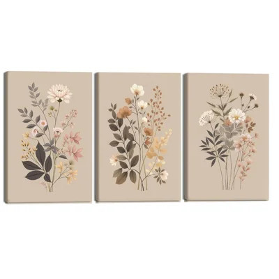 Neutral Earth Tone Dried Floral Wall Décor Set, Minimalist Botanical Canvas Art 16" x 24" for Living Room Office | Wayfair North America