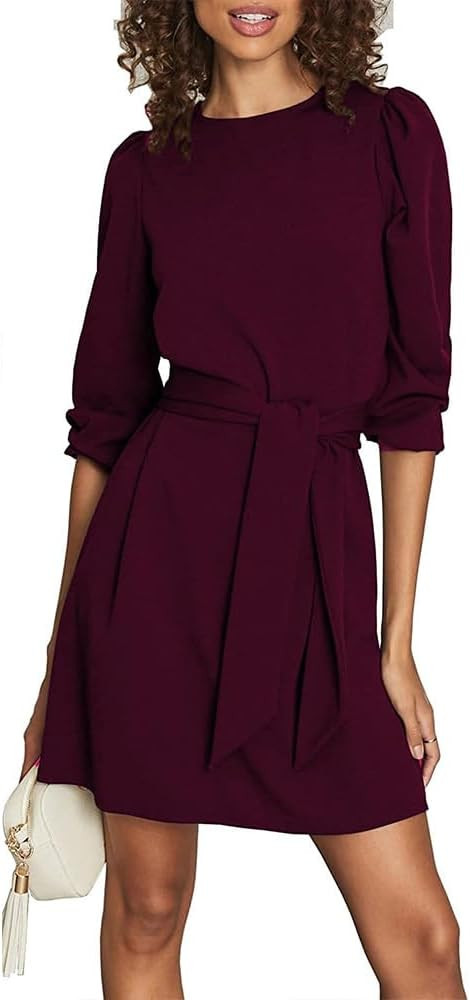 Women's Lantern Sleeve Tie Waist Mini Dresses Crew Neck Long Sleeve Swing Skater Dresses Solid El... | Amazon (US)