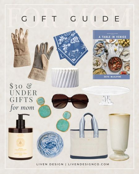 Mother's Day gift guide. Gift for her. Gift for mom. Under $30. Cookbook. Scarf. Earrings. Garden gift. Gardening gloves. Hand soap. Bathroom decor. Tote bag. Ceramic vase. Blue and white trinket ring dish. Catchall dish. Glass cake stand. Decorative marble box. Jewelry box. Sunglasses

#LTKGiftGuide #LTKfindsunder50 #LTKSeasonal