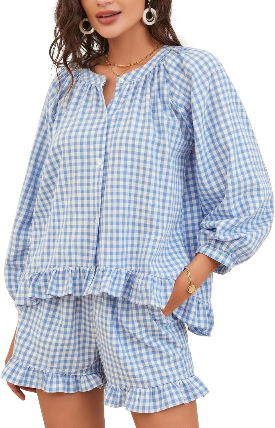Flygo Womens Gingham 2 Piece Pajama Sets Y2K Cotton Ruffle Short Sets | Amazon (US)
