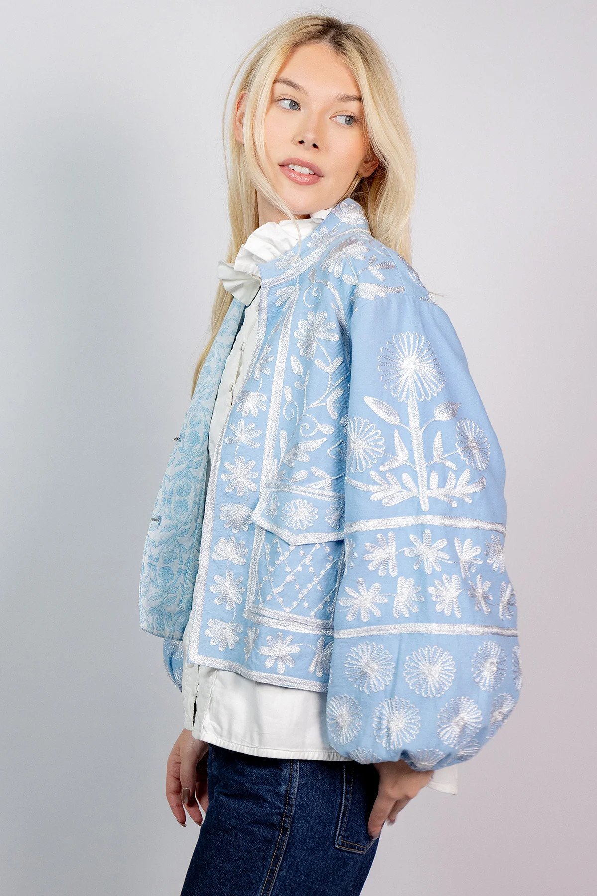 Suzani Blouson Jacket | Baby Blue | SUE SARTOR