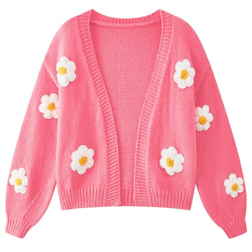 HOULENGS Kawaii Flower Cardigan Sweater for Women Long Sleeve V Neck Crop Sweater Coat Open Front Knitted Cardigan 02Pink One Size | Amazon (US)