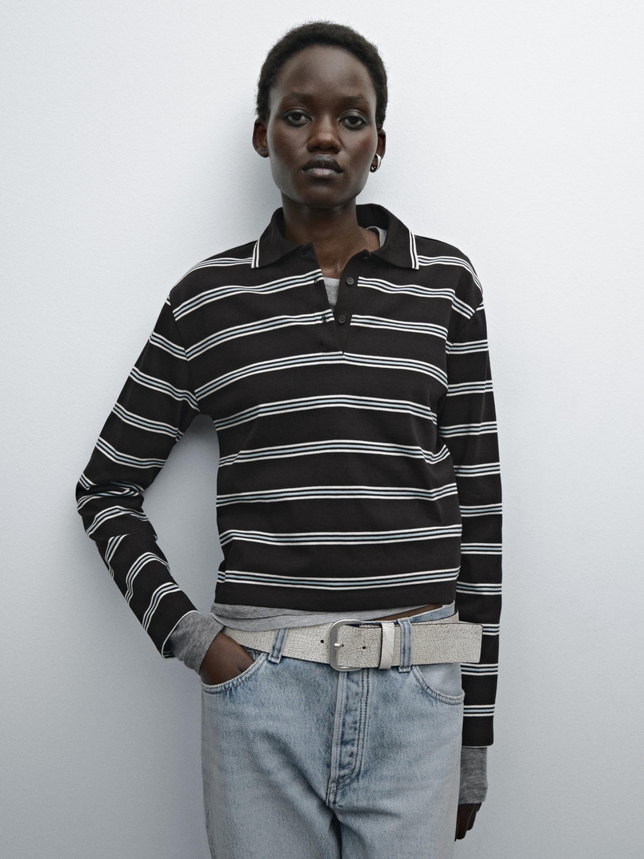 Striped cotton knit polo sweater | Massimo Dutti UK