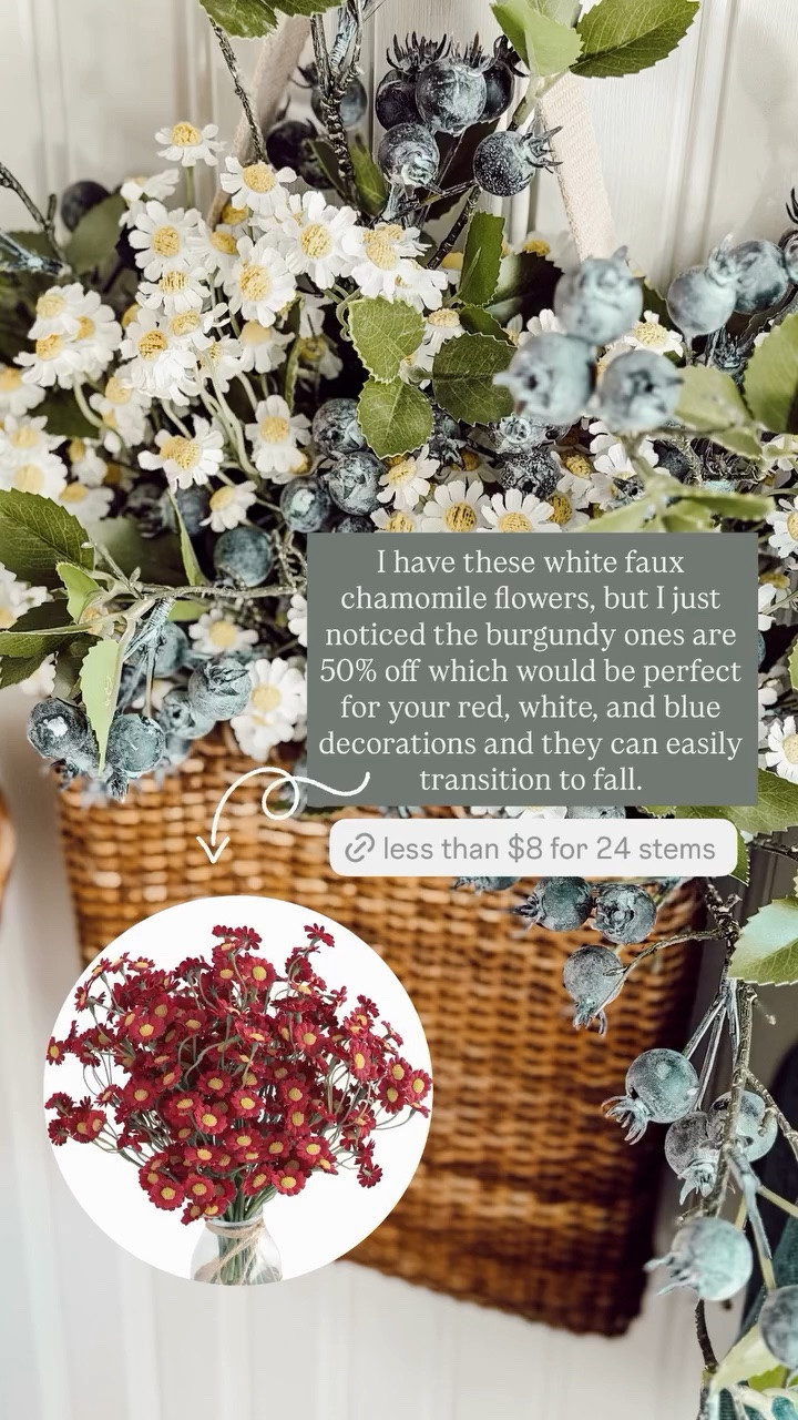 I have these white faux chamomile flowers, but I just noticed the burgundy ones are 50% off which would be perfect for your red, white, and blue decorations and they can easily transition to fall.