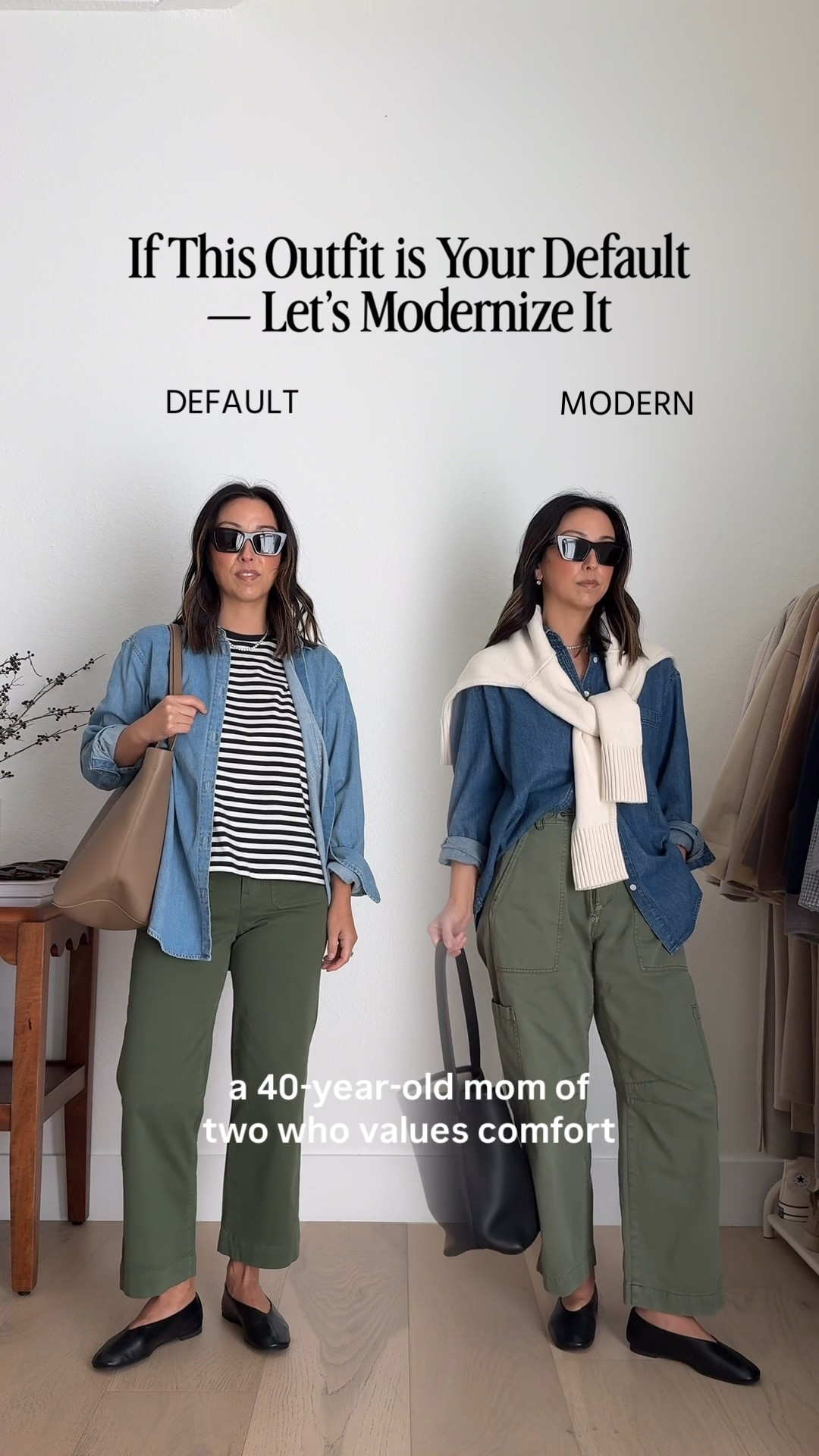 How to modernize a denim shirt and green pants. 

AYR denim shirt xs
Pistola cargos petite 25
Reformation flats 5
Quince bucket bag small
Everlane cotton sweater xs
YSL sunglasses 
Electric Picks earrings 
Dorsey James necklace 15”

#LTKPetite #LTKmomlife #LTKOver40