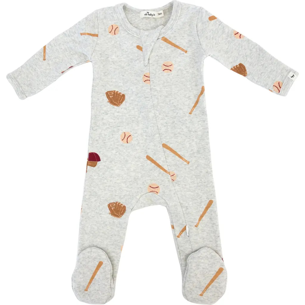 oh baby! Baseball Print Zipper Footie in Heather Grey at Nordstrom, Size 9M | Nordstrom