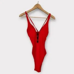 Carmen Marc Volvo Swimsuit Size 12 Spaghetti Strap Red Plunging V-Neck One Piece | Poshmark