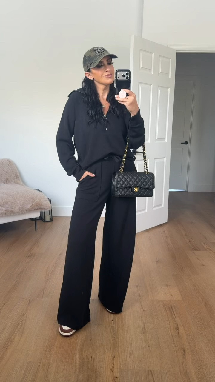 Spanx Air Essentials Half Zip - I’m wearing a size medium.
Spanx Air Essentials French Rib wide leg pants - I’m wearing a size small.