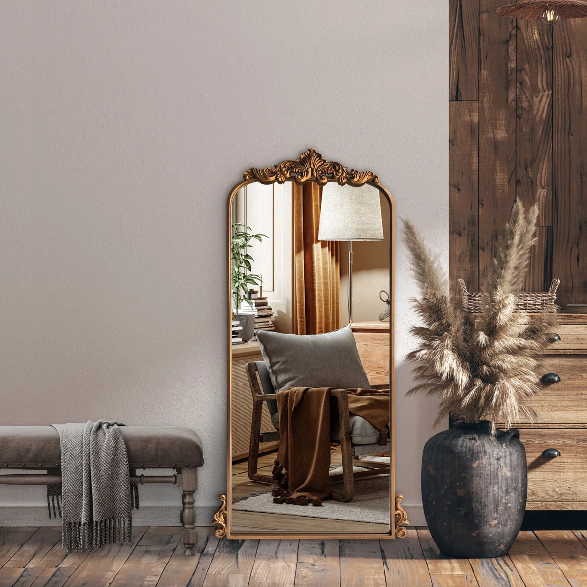 47.2“L x 22"W French Baroque Full Length Mirror, Ornate Gold Arch Floor Mirror for Bedroom, | Wayfair North America