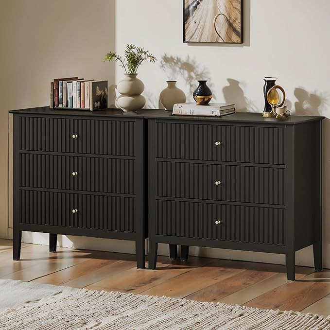 Large Black Fluted 3 Drawer Dresser Set of 2, Chest of Drawers with Ball Bearing Slide Modern 30 ... | Amazon (US)